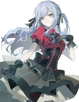  1girl ascot bang_dream! bang_dream!_it's_mygo!!!!! black_ascot black_corset black_gloves black_ribbon black_skirt blue_hair breasts corset cowboy_shot earrings floating_hair gloves hair_ribbon hand_up highres jewelry long_hair looking_at_viewer medium_breasts oblivionis_(bang_dream!) puffy_short_sleeves puffy_sleeves red_shirt ribbon shirt short_sleeves sidelocks simple_background skirt smile solo standing togawa_sakiko white_background yellow_eyes yukhoe_(kaje7pi) 