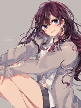  1girl :p bare_legs black_skirt blue_eyes blush brown_hair cardigan character_name commentary_request feet_out_of_frame grey_background grey_cardigan hands_on_own_knee highres hoseki_karin ichinose_shiki idolmaster idolmaster_cinderella_girls knees_up long_hair looking_at_viewer miniskirt navel open_cardigan open_clothes open_collar own_hands_together partial_commentary shirt simple_background sitting skirt solo tongue tongue_out very_long_hair white_shirt 