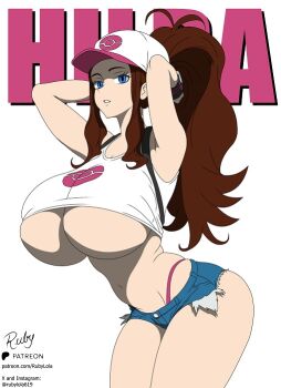  1girl belt blue_eyes breasts denim hat hilda_(pokemon) huge_breasts insignia jeans large_breasts long_hair navel nintendo panties pants pink_panties pokemon pokemon_(anime) ponytail rubylola shirt underwear watch white_background white_shirt 