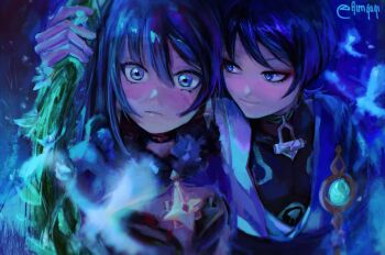  1boy 1girl aimquqi anemo_symbol_(genshin_impact) aqua_pupils asymmetrical_sidelocks belt black_belt black_bodysuit black_hair black_leotard blue_cape blue_capelet blue_eyes blue_hair blue_kimono blunt_ends blurry blush bodysuit brooch cape capelet choppy_bangs closed_mouth depth_of_field eyelashes eyeliner fur-trimmed_capelet fur_trim genshin_impact gold hair_between_eyes hand_up hashtag-only_commentary hetero highres japanese_clothes jewelry juban kimono leotard long_hair looking_at_another looking_at_viewer makeup mona_(genshin_impact) multicolored_hair open_clothes open_kimono outdoors plant pom_pom_(clothes) purple_eyes red_eyeliner scaramouche_(genshin_impact) side-by-side side_cape sidelocks star_brooch streaked_hair tsurime twitter_username vines vision_(genshin_impact) wanderer_(genshin_impact) white_kimono wide-eyed 