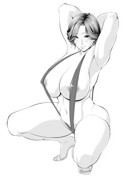  1girl arms_behind_head arms_up breasts crouching curvy greyscale high_heel_sandals highres huge_breasts light_smile lips mature_female monochrome navel parted_bangs sandals shaved_armpits shiono_kou short_hair slingshot_swimsuit spread_legs swimsuit white_background 