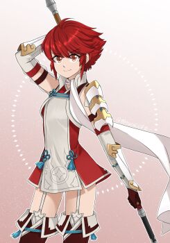  >:) 1girl armor armpits breasts commission fire_emblem fire_emblem_fates garter_straps highres hinoka_(fire_emblem) holding holding_polearm holding_weapon japanese_armor japanese_clothes looking_at_viewer mitsuchiis nintendo orange_eyes polearm red_hair short_hair small_breasts smile thighs v-shaped_eyebrows weapon 