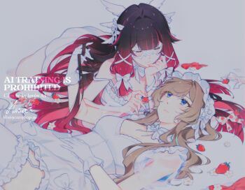  1690x1960pixel 2girls alternate_costume bare_shoulders black_hair blue_eyes bonnet bow breasts brown_hair cleavage closed_eyes closed_mouth collar columbina_(genshin_impact) commentary dress english_commentary eye_mask feeding flower food fruit garter_straps genshin_impact gloves hair_bow hair_flaps hair_flowing_over hair_ornament hair_ribbon hand_on_own_chin hand_on_own_stomach head_wings headdress highres holding holding_another's_hair holding_food lace lace-trimmed_thighhighs lace_trim long_hair long_sidelocks lying mask multicolored_hair multiple_girls multiple_hair_bows multiple_wings nightgown off_shoulder on_back on_stomach purple_hair purple_streaks ribbon sandrone_(genshin_impact) see-through_clothes see-through_mask short_hair short_hair_with_long_locks sidelocks smile strawberry streaked_hair thighhighs two-tone_hair very_long_hair white_collar white_dress white_garter_straps white_gloves white_headdress white_mask white_nightgown white_thighhighs white_wings wing_hair_ornament wings x-shaped_eyewear yuri 