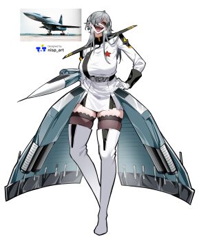 1girl absurdres aircraft airplane black_thighhighs bomber boots breasts epaulettes gloves highres humanization jet_bomber large_breasts long_hair looking_at_viewer military_uniform military_vehicle nisp_art one_eye_covered original personification red_eyes red_star sharp_teeth solo standing star_(symbol) strategic_bomber sukhoi_t-4 teeth thighhighs white_boots white_gloves white_hair
