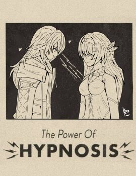  2girls absurdres artist_name breasts closed_mouth commentary cowboy_shot english_commentary english_text firefly_(honkai:_star_rail) hair_between_eyes hair_intakes hairband heart highres honkai:_star_rail honkai_(series) jacket kaosi1 limited_palette long_hair long_sleeves looking_at_another looking_at_breasts looking_down multiple_girls parted_lips shirt smile stelle_(honkai:_star_rail) trailblazer_(honkai:_star_rail) 