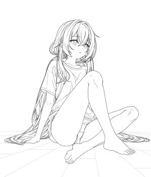  1girl arazand barefoot collarbone dot_nose double-parted_bangs feet full_body hair_between_eyes highres indian_style leg_up lineart long_hair looking_to_the_side monochrome open_mouth original panties parted_lips shirt sidelocks simple_background sitting solo toes twintails underwear white_background wooden_floor 