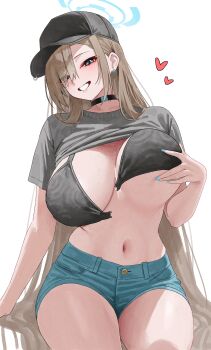  1girl absurdres asuna_(blue_archive) baseball_cap black_bra black_choker blonde_hair blue_archive blue_eyes blue_halo blue_nails bra breasts choker clothes_lift commentary denim denim_shorts front-fastening_bra front-hook_bra grabbing_own_breast grey_shirt halo hat heart highres huge_breasts kono_(xerondan321) large_breasts long_hair looking_at_viewer navel shirt shirt_lift shorts simple_background smile solo stomach thighs underwear very_long_hair white_background  rating:Questionable score:53 user:danbooru