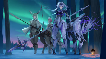  3girls absurdres animal_ears antlers aurora bodysuit breasts centaur chinese_commentary cloak closed_mouth commentary_request cyborg diana_(pgr) forehead_protector frozen-sad full_body green_hair grey_bodysuit grey_hair hair_between_eyes hair_ornament headgear high-heeled_mechanical_legs highres holding holding_polearm holding_weapon horns horse_ears joints lantern large_breasts long_hair looking_to_the_side mecha_musume mechabare mechanical_arms mechanical_ears mechanical_legs mechanical_tail medium_breasts multiple_girls multiple_legs night outdoors pink_hair polearm punishing:_gray_raven purple_eyes robot_joints rosetta:_arete_(pgr) rosetta_(pgr) see-through_body shadow short_hair sidelocks snow spear standing tail taur thrusters tree twintails weapon white_cloak yellow_eyes 