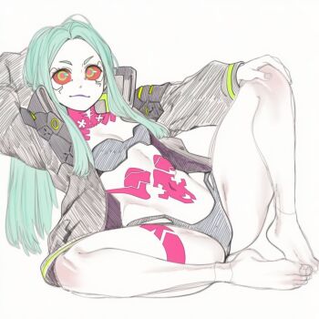  1girl :/ arm_support artificial_eye ass bare_shoulders barefoot black_bra black_jacket black_panties bra breasts colored_sclera colored_skin curvy cyberpunk:_edgerunners cyberpunk_(series) green_eyes green_hair grin hair_down highres jacket leg_tattoo long_hair looking_at_viewer navel neck_tattoo open_clothes open_jacket panties pink_tattoo rebecca_(cyberpunk) red_pupils red_sclera smile solo spread_legs stomach_tattoo strapless strapless_bra tattoo teeth thong underwear upper_teeth_only uravity98114 v white_background white_skin wide_hips  rating:Sensitive score:10 user:popotepopote