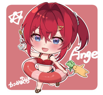  1girl :3 :d absurdres alternate_costume ange_katrina artist_name baby_mn9 bare_arms bead_bracelet beads bikini blue_eyes blush border bracelet brown_sandals character_name chibi chibi_only commentary_request crossed_bangs flat_chest gradient_eyes hair_between_eyes hair_intakes hair_ornament hairclip hand_up highres holding holding_swim_ring holding_water_gun innertube jewelry lifebuoy looking_ahead mandragora mandragora_(ange_katrina) multi-strapped_bikini_top multicolored_eyes nail_polish nijisanji open_mouth outline outside_border pink_eyes ponytail red_background red_bikini red_hair red_nails running sandals sidelocks smile solo_focus swim_ring swimsuit virtual_youtuber water_gun white_border white_outline 