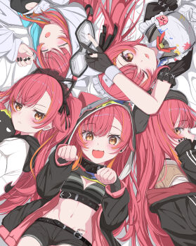  5girls absurdres animal_ear_hairband animal_ears beret black_gloves black_hairband black_hat black_nails bule_blue_2 closed_mouth commentary_request fake_animal_ears gloves hairband hat highres long_hair long_sleeves looking_at_viewer maid maid_headdress multicolored_hair multiple_girls multiple_persona navel nekota_tsuna open_mouth orange_eyes parted_lips partially_fingerless_gloves paw_pose red_hair school_uniform smile stomach v virtual_youtuber vspo! 