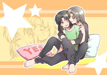  2boys barefoot between_legs black_hair black_pants black_shirt brown_hair commentary_request green_shirt hug hug_from_behind long_hair looking_at_another makabe_kazuki male_focus minashiro_soushi multiple_boys nagi_(exsit00) one_eye_closed outline pants pillow scar scar_across_eye scar_on_face shirt short_hair sitting smile soukyuu_no_fafner star_(symbol) yaoi yes-no_pillow zoom_layer 