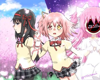  2girls 775azami akemi_homura akuma_homura black_hair black_skirt blue_sky bow bush cherry_blossoms choker cloud covered_face day dress hair_bow hair_half_undone holding_hands interlocked_fingers kaname_madoka long_hair mahou_shoujo_madoka_magica mahou_shoujo_madoka_magica:_hangyaku_no_monogatari mitakihara_school_uniform multiple_girls outdoors pink_hair purple_sky red_ribbon ribbon school_uniform short_hair single_sidelock skirt sky star_(sky) tree ultimate_madoka white_bow white_choker white_dress yellow_dress yellow_ribbon yuri 