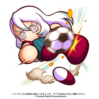  1girl aqua_hair artist_request ball colored_eyelashes commentary_request copyright_notice dust_cloud hair_between_eyes jikkyou_powerful_pro_yakyuu jikkyou_powerful_pro_yakyuu_(style) jikkyou_powerful_soccer kicking kirisaki_reiri long_hair multicolored_hair multicolored_shoes no_mouth official_art playing_sports power_pro_appli rayman_limbs red_shoes ringed_eyes shirt shoes soccer_ball soccer_uniform solo sportswear striped_clothes striped_shirt translation_request two-tone_shoes white_background white_hair white_shoes 