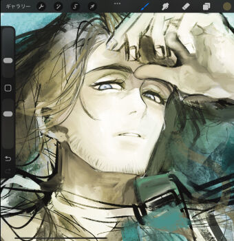  1boy arknights art_program_in_frame babu_don_(don_10_13) black_hair blue_eyes brown_hair commentary_request facial_hair hand_on_own_forehead hand_up highres long_hair looking_at_viewer male_focus parted_lips portrait procreate_(software) solo stubble totter_(arknights) user_interface 