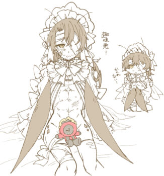  1boy 1other abs absurdres ahoge alternate_costume antennae arthropod_boy arthropod_limbs bags_under_eyes bandage_on_face bandage_over_one_eye bandaged_head bandages beard_stubble bed_sheet between_legs black_fire black_gloves black_pants black_shirt black_shoes bonnet bottomless bow brown_eyes brown_hair censored chibi chibi_inset clock coat cockroach_boy collared_shirt convenient_censoring crossdressing dante_(limbus_company) expressionless extra_wings facial_hair fire four_wings frilled_bonnet frills g_corp._(identity)_(project_moon) gloves gregor_(project_moon) greyscale hair_bow highres insect_wings jitome leg_ribbon lily26983455 limbus_company limited_palette long_hair long_sleeves looking_ahead looking_at_viewer low_ponytail male_focus monochrome monster_boy multiple_views multiple_wings necktie novelty_censor nude object_head on_bed one_eye_covered open_mouth pants parted_bangs parted_lips partially_colored ponytail project_moon red_coat red_necktie revealing_clothes ribbon sanpaku scar scar_on_chest scar_on_hip scar_on_stomach scars_all_over sepia shirt shoes shrug_(clothing) simple_background sitting sleeve_bow solo_focus spot_color stubble sweat thighhighs toned toned_male too_many torn_clothes torn_thighhighs white_background white_bow wings yellow_fire 