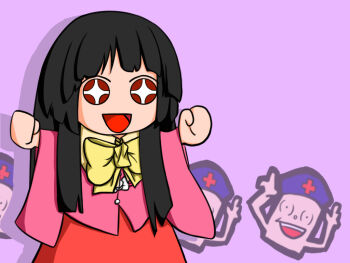  1girl black_hair bow giorgio_claes hime_cut houraisan_kaguya long_hair long_sleeves open_mouth paffendorf parody purple_background red_eyes shirt simple_background skirt smile solo touhou very_long_hair 