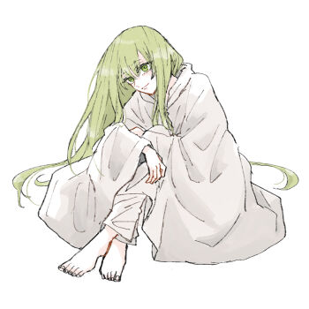  1other androgynous barefoot bright_pupils closed_mouth commentary_request crossed_ankles enkidu_(fate) fate/grand_order fate_(series) full_body green_eyes green_hair head_tilt komisabut long_hair looking_ahead other_focus pants robe simple_background sitting solo very_long_hair white_background white_pants white_robe 