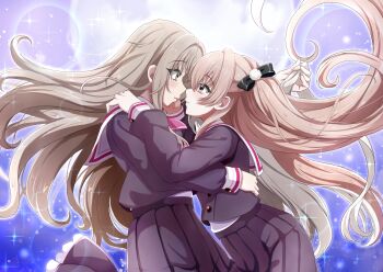  2girls black_shirt black_skirt brown_hair commentary_request d4dj eye_contact grey_eyes hand_in_another's_hair hand_on_another's_face highres long_hair looking_at_another miko_embrace mito_youki multiple_girls parted_lips pink_hair pleated_skirt sailor_collar shinomiya_kokoa shirt skirt sparkle tendo_hayate white_sailor_collar yuri 