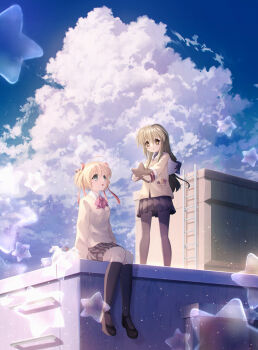  2girls :d absurdres asukake_project bandaid black_pantyhose black_shoes black_socks blonde_hair blue_eyes bow bowtie brown_eyes clannad cloud cloudy_sky commentary company_connection crossover cumulonimbus_cloud day full_body hair_between_eyes hair_ornament hair_ribbon highres hikarizaka_private_high_school_uniform holding holding_star ibuki_fuuko jacket kamikita_komari key_(company) kneehighs ladder little_busters! little_busters!_school_uniform long_hair long_ribbon looking_at_another looking_up low-tied_long_hair mary_janes multiple_girls on_roof on_rooftop open_mouth outdoors pantyhose pink_bow pink_bowtie plaid_clothes plaid_skirt red_bow red_bowtie ribbon rooftop sailor_collar scenery school_uniform sculpture serafuku shirt shoes sidelocks sitting sitting_on_roof skirt sky smile socks standing star_(symbol) star_hair_ornament sweater twintails v-shaped_eyebrows white_sailor_collar white_shirt yellow_jacket yellow_sweater 