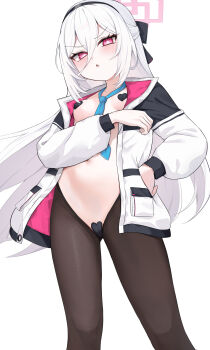  1girl absurdres black_pantyhose blue_archive blue_necktie blush breasts halo heart_maebari heart_pasties highres jacket kei_(blue_archive) kei_(new_body)_(blue_archive) loli long_hair looking_at_viewer maebari navel necktie pantyhose parted_lips pasties pink_eyes pink_halo playboy_bunny reverse_bunnysuit reverse_outfit shawn358 simple_background small_breasts solo stomach very_long_hair white_background white_hair white_jacket 