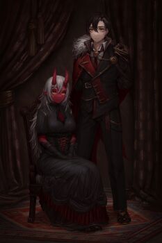  1boy 1girl absurdres akumi_(yoclesh) arms_behind_back black_dress black_gloves black_hair black_jacket black_pants black_shoes breasts brown_eyes carpet chair closed_mouth collared_jacket collared_shirt colored_skin commentary commission commissioner_upload curtains dress earrings elbow_gloves english_commentary full_body gem gloves grey_fur hair_between_eyes highres horns indoors jacket jewelry light_smile long_dress long_hair looking_at_viewer looking_to_the_side medium_breasts necktie numanoan on_chair oni orange_eyes own_hands_together pants pointy_ears puffy_short_sleeves puffy_sleeves red_gemstone red_horns red_necktie red_skin rotus_lotus second-party_source shirt shoes short_hair short_sleeves sitting standing very_long_hair virtual_youtuber vyugen white_hair white_shirt  rating:General score:2 user:danbooru