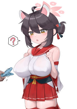  1girl 1other ? absurdres animal_ears bdsm blue_archive breasts clamps covered_erect_nipples cowboy_shot detached_sleeves highres kaede_(blue_archive) kogane_mokon large_breasts nipple_clamps oppai_loli sailor_collar sleeves_past_wrists thighhighs zettai_ryouiki  rating:Sensitive score:26 user:S.A.K.I77