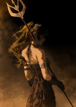  1girl absurdres arkilide arm_strap armlet black_dress commentary dress gloves glowing glowing_eyes green_hair highres holding holding_polearm holding_weapon jewelry long_hair painterly pleated_dress polearm red_eyes side_ponytail sidelighting signature solo sousou_no_frieren spear standing suspenders_hanging ubel_(sousou_no_frieren) upper_body weapon yellow_theme 