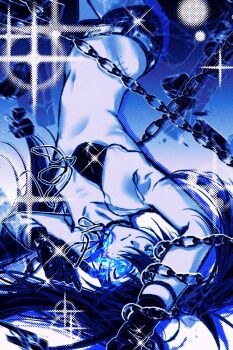 1girl black_bra black_rock_shooter black_rock_shooter_(character) blue_eyes bra chain gloves navel scar scar_on_stomach shorts stomach underwear upside-down