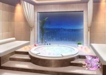  balcony bathtub candle ceiling_light commentary_request copyright_logo couch curtains faucet flower indoors logo mizui_xl night no_humans official_art pink_flower pink_rose plant plate potted_plant red_flower red_rose rose scenery stairs tile_wall tiles water window youko-san_wa_kon_to_naku 