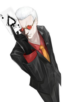  1boy ace_(playing_card) ace_of_spades black_gloves black_suit card dokomon glasses gloves holding holding_card necktie orange_necktie oswald_(kof) playing_card red-framed_eyewear red_shirt shirt solo spade_(shape) suit the_king_of_fighters white_hair 