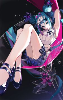 1girl absurdres aqua_hair aqua_trim arm_up armpits black_gloves black_shorts braid braided_bun commentary_request double_bun gauntlets gloves goodsmile_company goodsmile_racing hair_bun hatsune_miku headband headphones headphones_around_neck highres long_hair looking_at_viewer looking_up multicolored_hair official_alternate_costume official_alternate_hairstyle open_mouth pink_hair presenting_armpit race_queen racing_miku racing_miku_(2026) shinakou short_shorts shorts single_gauntlet single_glove solo twintails vocaloid  rating:Sensitive score:0 user:danbooru