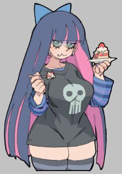  1girl aqua_eyes black_hair blue_bow blunt_bangs bow breasts cake colored_inner_hair commentary cowboy_shot cropped_legs curvy earrings eating english_commentary food food_in_mouth food_on_face fruit hair_bow highres holding holding_plate holding_spoon jewelry large_breasts long_hair multicolored_hair pantsu-ripper panty_&amp;_stocking_with_garterbelt pink_hair plate skindentation solo spoon stocking_(psg) strawberry striped_clothes striped_sleeves striped_thighhighs thick_thighs thighhighs thighs two-tone_hair very_long_hair 