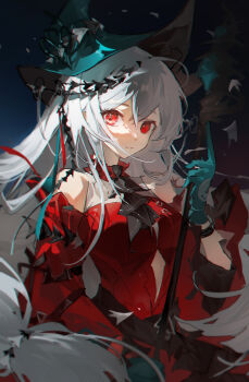  1girl arknights ascot bare_shoulders black_ascot closed_mouth crossed_bangs double-parted_bangs dress gloves green_gloves green_hat grey_hair hair_between_eyes hand_up hat highres long_hair long_sleeves looking_at_viewer red_dress red_eyes skadi_(arknights) skadi_the_corrupting_heart_(arknights) solo upper_body zeriko 