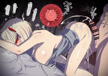  1boy 1girl absurdres ass bar_censor blonde_hair blush breasts censored clothed_sex cum cum_on_ass cum_on_body ejaculation hetero highres impregnation indoors kawaruhi large_breasts lycoris_recoil nishikigi_chisato solo_focus sweat top-down_bottom-up 