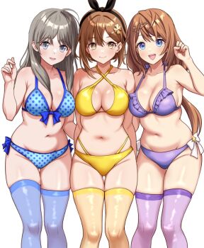  3girls ahoge atelier_(series) atelier_resleriana atelier_ryza atelier_totori bikini black_bow blue_bikini blue_eyes blue_theme blush bow breasts brown_eyes brown_hair cheenosuke cleavage commentary_request cowboy_shot criss-cross_straps frilled_bikini frills gluteal_fold hair_between_eyes hair_bow hair_ornament hairclip in-franchise_crossover long_hair looking_at_viewer medium_breasts multiple_girls navel open_mouth polka_dot polka_dot_bikini purple_bikini purple_eyes purple_thighhighs reisalin_stout resna_sternenlicht sidelocks simple_background smile standing swimsuit teeth thighhighs totooria_helmold upper_teeth_only very_long_hair white_background white_bow yellow_bikini yellow_theme 