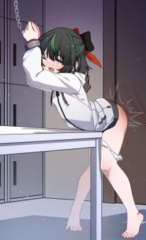 1girl absurdres arms_up ass barefoot bdsm black_hair blue_eyes blush bondage bound bound_wrists bow caning chain commission cuffs feet fingernails full_body green_hair hair_bow highres humiliation indoors long_sleeves medium_hair multicolored_hair nomi_(user_wtkc5253) open_mouth original panties panty_pull restrained second-party_source shirt solo spanked spanking standing tearing_up two-tone_hair underwear white_panties rating:Questionable score:66 user:danbooru