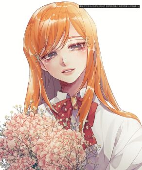 1girl 2021 alternate_eye_color bleach breasts female_focus flower hair_ornament hairclip highres inoue_orihime karakura_high_school_uniform korean_commentary korean_text lips long_hair orange_hair parted_bangs real_2nae school_uniform simple_background snowflake_hair_ornament teeth upper_body white_background