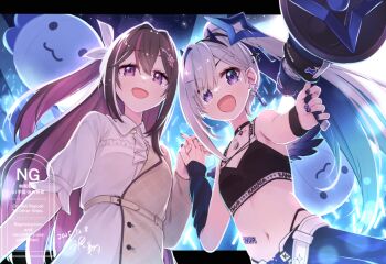  2girls amane_kanata asymmetrical_clothes azki_(hololive) belt black_choker black_sports_bra blush braid breasts choker collarbone collared_dress colored_inner_hair commentary_request dress earrings grey_hair hair_between_eyes hair_ornament halo hikawa_shou holding holding_hands holding_megaphone hololive jewelry long_hair long_sleeves looking_at_viewer megaphone multicolored_hair multicolored_nails multiple_girls nail_art nail_polish navel official_alternate_costume official_alternate_hair_length official_alternate_hairstyle one_eye_closed open_mouth pink_eyes pink_hair pink_streaks ponytail purple_eyes purple_hair purple_nails shirt single_hair_intake small_breasts smile sports_bra star_halo sticker_on_stomach streaked_hair tears upao_(amane_kanata) virtual_youtuber watermark 
