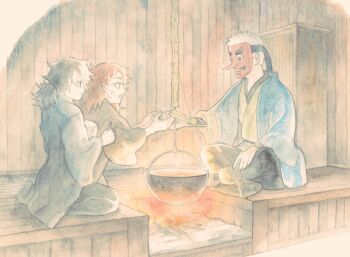  0ukihcust 3boys aged_down bamboo black_hair black_socks blue_eyes blue_jacket bowl brown_jacket child cooking cooking_pot eating facial_scar fire from_side giving haori happy holding holding_bowl indian_style indoors irori_(hearth) jacket japanese_clothes kimetsu_no_yaiba kimono long_hair long_sleeves looking_at_another male_focus mask multiple_boys no_shoes open_mouth orange_hair outstretched_arms ponytail rice_bowl sabito_(kimetsu) scar scar_on_cheek scar_on_face seiza sitting smile socks soles steam tabi tengu_mask tomioka_giyuu urokodaki_sakonji white_hair wide_sleeves wooden_wall yellow_kimono 