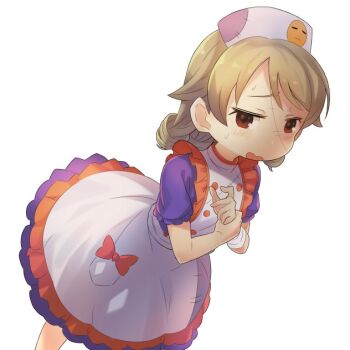  1girl bandaged_arm bandages blush bow brown_eyes brown_hair commentary_request dress frills halloween_costume hand_on_own_arm hat idolmaster idolmaster_cinderella_girls idolmaster_cinderella_girls_starlight_stage morikubo_nono nurse nurse_cap open_mouth short_sleeves simple_background solo stitched_face stitches sweat taru_haru white_background 