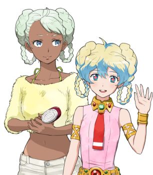  +_+ 00s 2girls alternate_hairstyle armlet bad_id bad_pixiv_id blonde_hair blue_eyes bracelet braid brush crop_top cross-shaped_pupils crossover dark-skinned_female dark_skin double_bun fukui_yukari fur green_hair gundam gundam_g_no_reconguista hair_bun jewelry kei-co looking_at_viewer midriff multiple_girls navel nia_teppelin raraiya_monday smile symbol-shaped_pupils tengen_toppa_gurren_lagann twin_braids voice_actor_connection waving white_background 