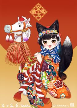  1girl 2026 animal_ears black_hair brown_eyes chinese_zodiac commentary_request floral_print fox_ears fox_girl fox_tail happy_new_year highres japanese_clothes kimono lolibaba long_hair mimit nengajou new_year open_mouth original print_kimono scarf smile solo tail towako_(akane_shinsha) year_of_the_horse 