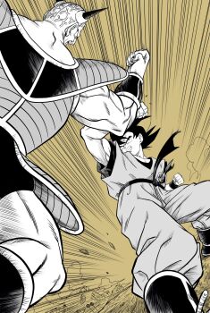  2boys armor boots brown_background captain_ginyu clenched_teeth commentary_request dougi dragon_ball dragonball_z duel greyscale_with_colored_background highres horns lee_(dragon_garou) male_focus motion_lines multiple_boys muscular muscular_male open_mouth son_goku speed_lines teeth wristband 