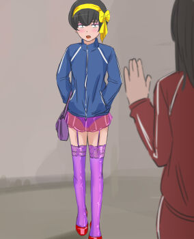  1boy 1futa bag black_hair blush crossdressing futa_with_male futanari garter_straps gym_uniform hairband handbag hands_in_pockets high_heels implied_futanari jacket lace lace-trimmed_thighhighs lace_trim lipstick makeup panties prostitution purple_thighhighs raitaroo red_shoes see-through_clothes shoes short_hair skirt solo_focus thighhighs track_jacket track_suit underwear waving 