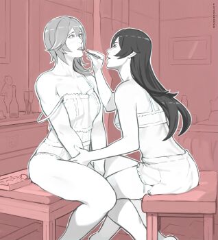  2girls amber_(genshin_impact) applying_makeup ass blush bra camisole cosmetics eula_(genshin_impact) futomomomoe genshin_impact highres lipstick lipstick_tube long_hair looking_at_another makeup monochrome multiple_girls panties parted_lips short_shorts shorts sitting strap_slip underwear yuri  rating:Sensitive score:59 user:danbooru