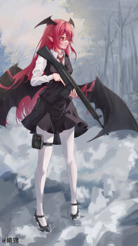  1girl absurdres belt black_shoes black_skirt black_vest breasts chinese_commentary commentary_request demon_wings full_body gun head_wings highres holding holding_gun holding_weapon koakuma long_hair long_sleeves medium_breasts necktie pantyhose pointy_ears pouch red_eyes red_hair red_necktie rifle shoes skirt skirt_set solo thigh_belt thigh_pouch thigh_strap touhou trigger_discipline very_long_hair vest weapon weapon_request white_pantyhose wings xiaoxijino 