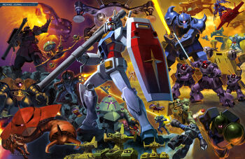  1980s_(style) absolutely_everyone absurdres acguy adzam aircraft army artist_request battle bazooka_(gundam) bigro black_tri-stars cable cannon caterpillar_tracks claws dom_(mobile_suit) dopp earth_federation everyone gaw glowing_hot gm_(mobile_suit) gogg gouf grabro gun gundam gundam_perfect_file highres landship machinery magella_attack mecha mecha_focus military_vehicle mobile_armor mobile_suit mobile_suit_gundam motor_vehicle oldschool one-eyed painting_(medium) radio_antenna realistic retro_artstyle robot roundel rx-78-2_gundam scan science_fiction shield shoulder_spikes spacecraft spikes starfighter sword tank traditional_media v-fin war weapon z'gok zaku_i zaku_ii_s_char_custom zeon zock 