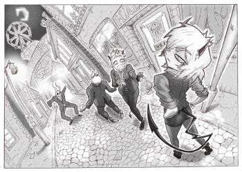  2girls 2others annoyed ass black_vest demon demon_girl demon_horns demon_tail door ferris_wheel forenzim hands_on_own_hips helltaker highres horns jacket justice_(helltaker) lantern looking_back malina_(helltaker) moon multiple_girls multiple_others office_lady pantyhose short_hair shorts skeleton smile tail urban vest 