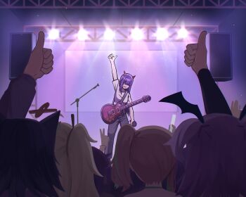  absurdres akuma_nihmune animal_ears arm_up boyal camila_(vtuber) character_request commentary concert crowd english_commentary glowstick grey_pants guitar head_wings highres holding holding_glowstick holding_microphone horns indie_virtual_youtuber instrument long_hair long_sleeves medium_hair microphone microphone_stand multiple_girls open_mouth pants purple_hair second-party_source shirt short_sleeves speaker stage_lights sweat thumbs_up twintails two_side_up virtual_youtuber white_shirt wings 